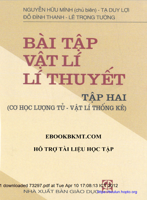 Bài Tập Vật Lý Lý Thuyết Tập 2 – Cơ Học Lượng Tử – Vật Lý Thống Kê – Tài Liệu Học Tập Học Liệu Điện Tử PDF
